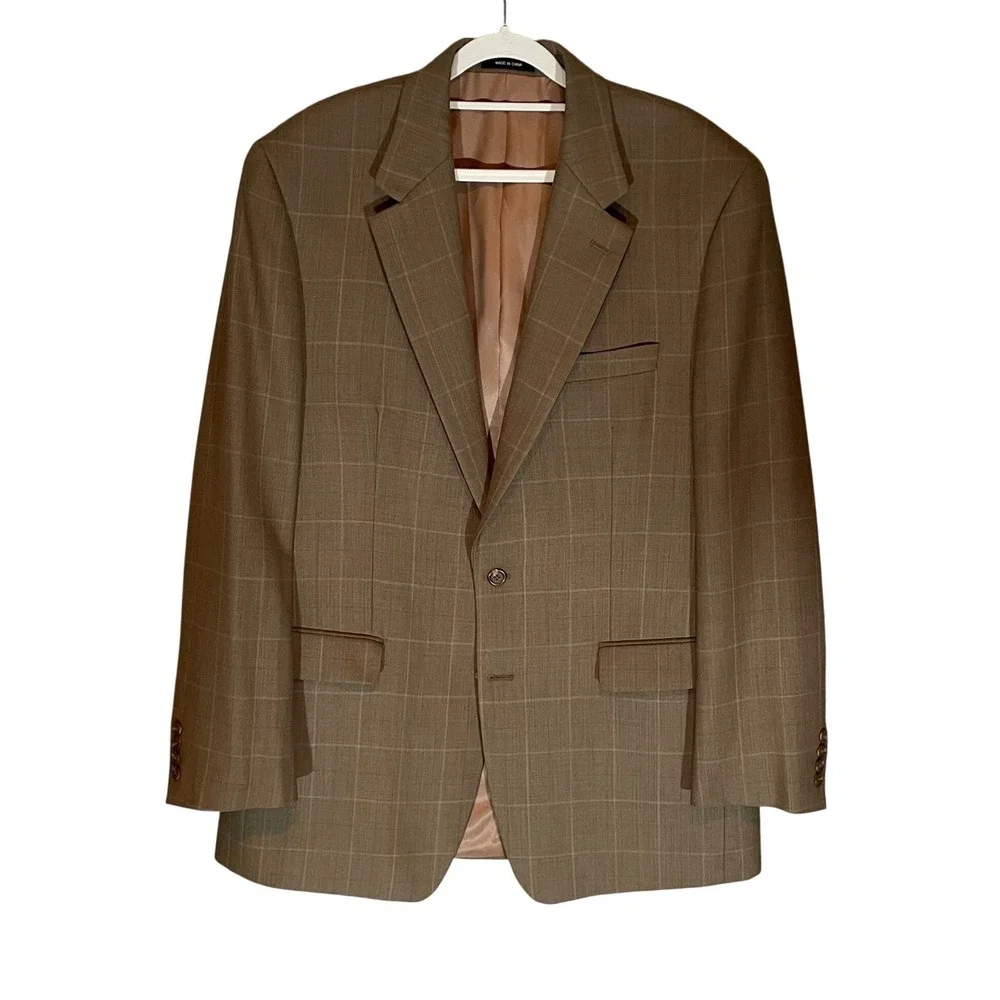 Lauren Ralph Lauren Mens 43L Brown Windowpane 100% Wool 2-Button Sport Coat